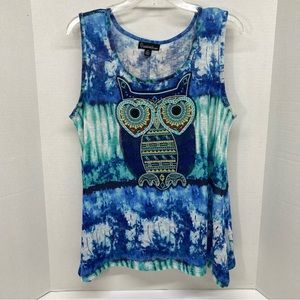 Owl Tie Dye Tank Top Large Signature Studio Boho Festival Polyester Spandex